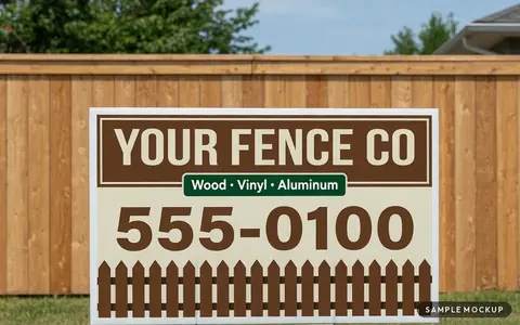 Sample mockup of a cream and brown sign with a picket-fence border, reading Your Fence Co, Wood, Vinyl, Aluminum, 555-0100, for a fictional company, on a wire H-stake in front of a new wood privacy fence
