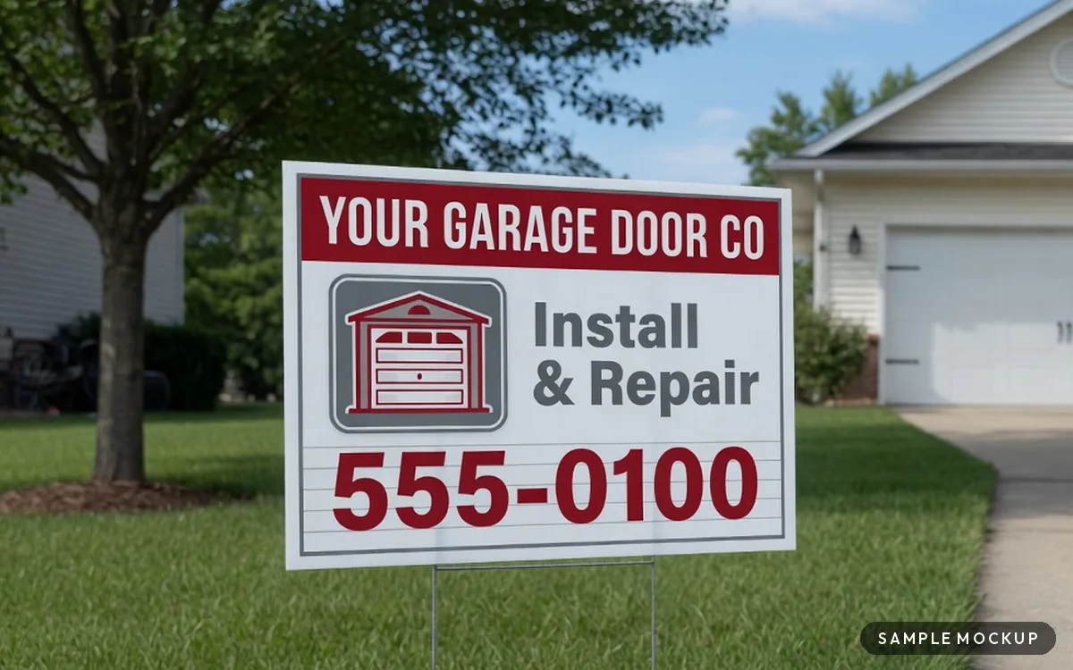 Sample mockup of a red and gray sign with a garage-door icon, reading Your Garage Door Co, Install & Repair, 555-0100, for a fictional company, on a wire H-stake by a driveway and new garage door