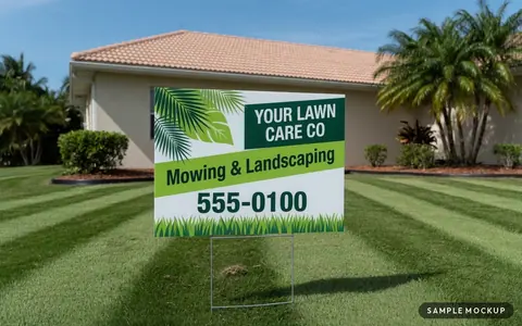 Sample mockup of a green sign with palm fronds and a grass edge, reading Your Lawn Care Co, Mowing & Landscaping, 555-0100, for a fictional company, on a wire H-stake on a freshly striped lawn