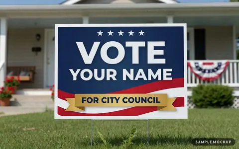 Sample mockup of a nonpartisan political yard sign reading Vote Your Name for City Council, navy with stars and a red-and-white stripe swoosh, on a wire H-stake in a front lawn