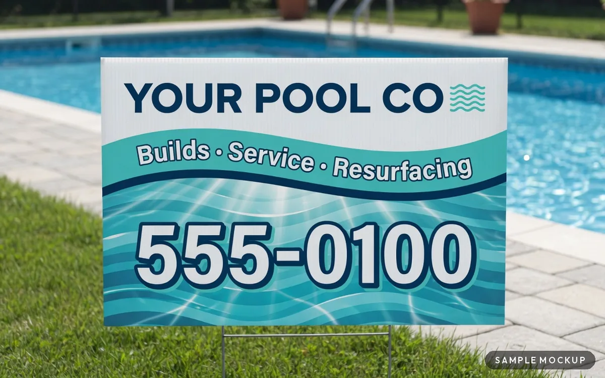 Sample mockup of a teal sign with a pool-water ripple panel, reading Your Pool Co, Builds, Service, Resurfacing, 555-0100, for a fictional company, on a wire H-stake beside a backyard pool
