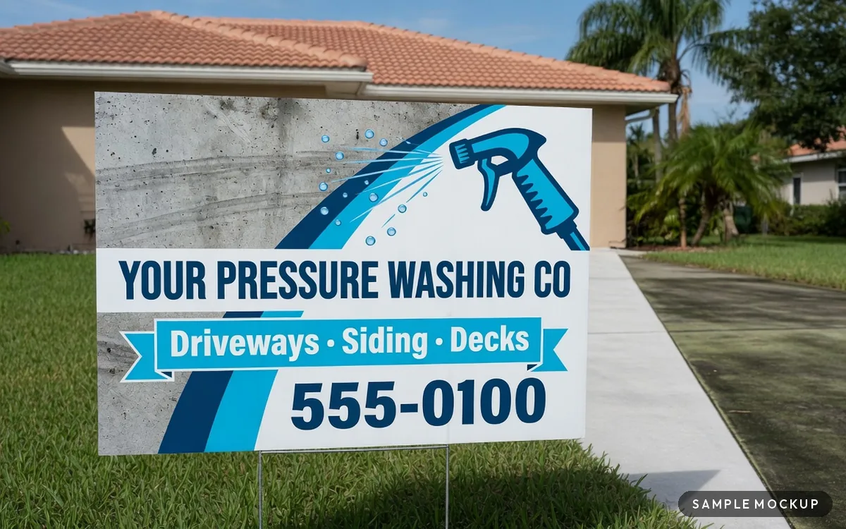 Sample mockup of a blue spray-arc sign with a clean-versus-dirty split, reading Your Pressure Washing Co, Driveways, Siding, Decks, 555-0100, for a fictional company, on a wire H-stake beside a half-cleaned driveway