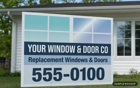 Sample mockup of a navy sign with a glass window-pane panel, reading Your Window & Door Co, Replacement Windows & Doors, 555-0100, for a fictional company, on a wire H-stake in front of a home with new windows